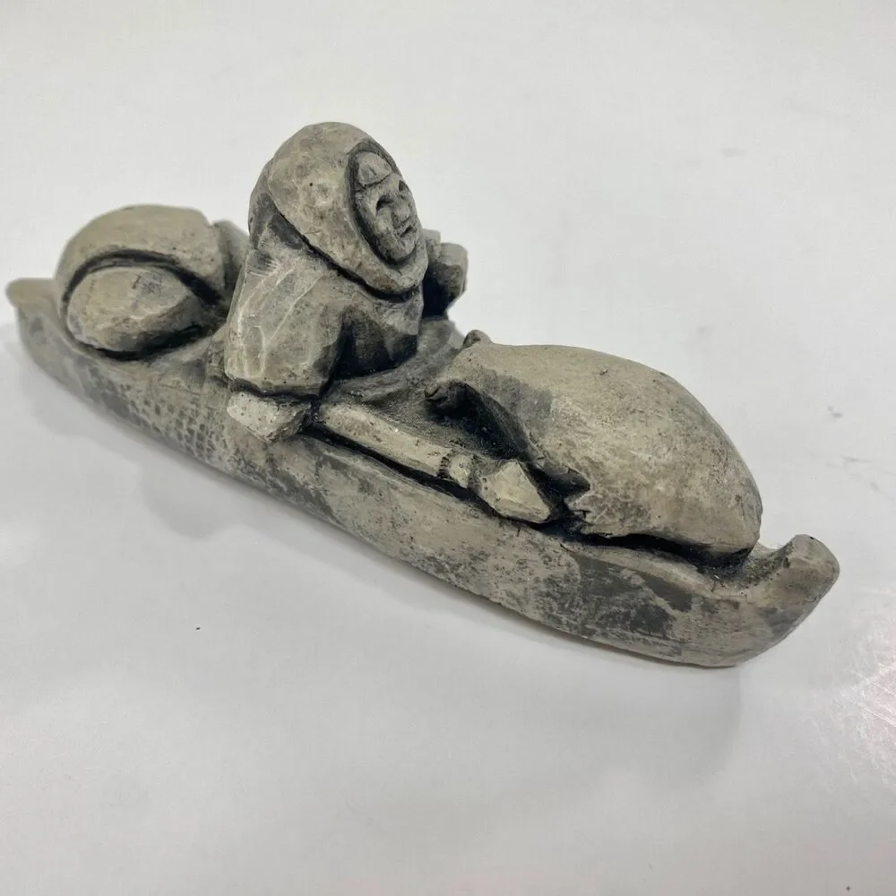 Alaskan Hand Carved Soapstone Inuit Kayak Seal Hunter & Small Wood Sculpture